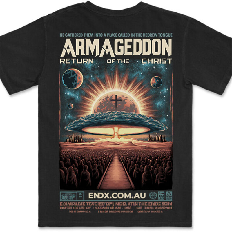 Black END X Armageddon return of the Christ T-shirt mockup showing front and back print